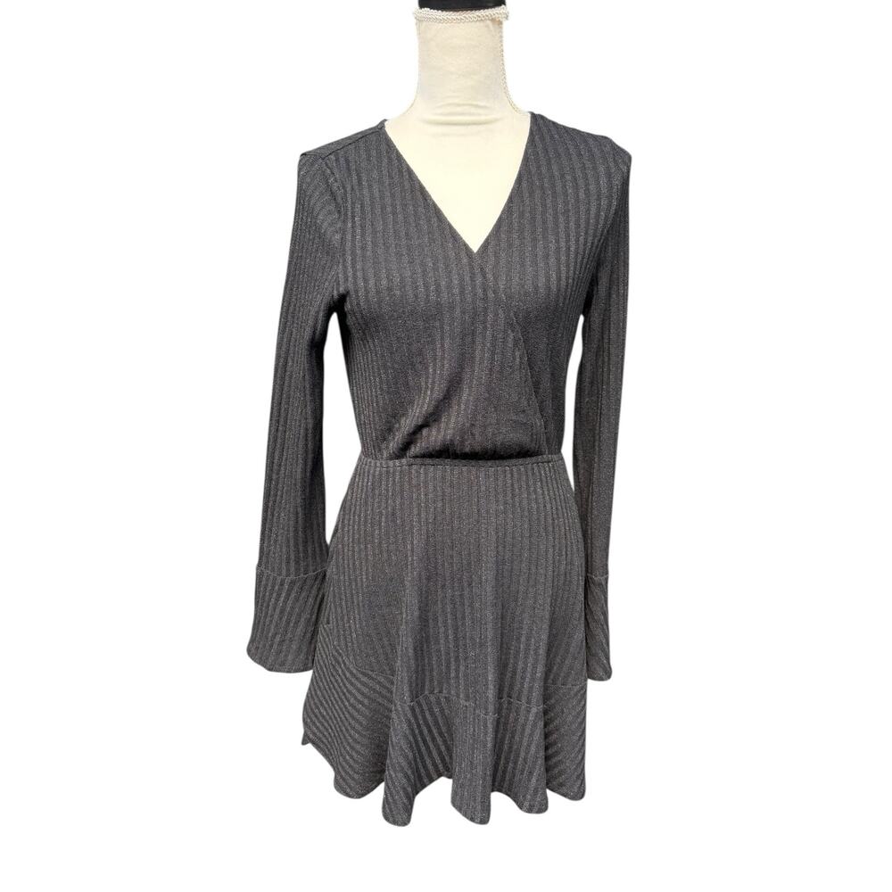 Showpo The Next Step Ribbed Faux Wrap Fit and Flare Long Sleeve Mini Dress - 6 - Picture 2 of 9